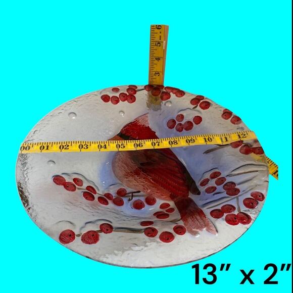 Christmas Red Cardinal & Winter Holly Berries Fused Art Decorative Bowl 13" x 2” - Picture 4 of 9